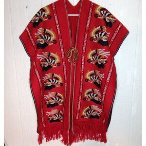 Vtg 1970s Knit Cuauhtemoc Poncho Red One Size Tribal Boho Fringed Tie Front